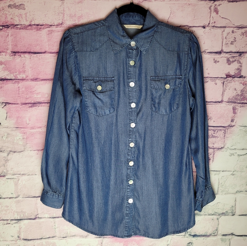 SOFT SURROUNDINGS DENIM CHAMBRAY TENCEL LYOCELL SHINY BUTTON FRONT TUNIC BLOUSE